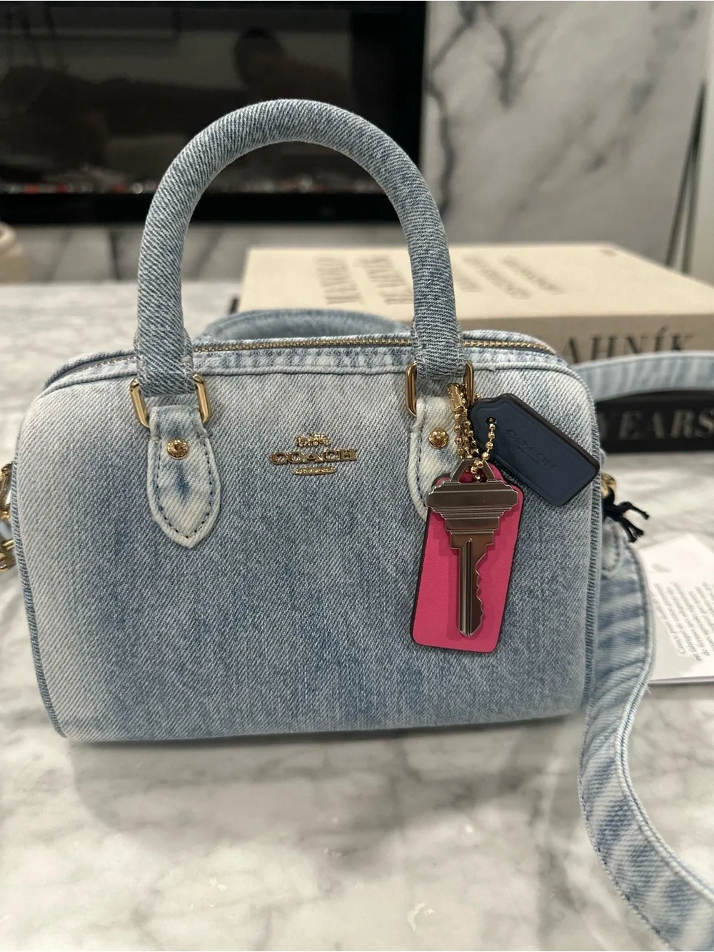Coach Light Blue Denim Mini Satchel with Pink & Navy Tags